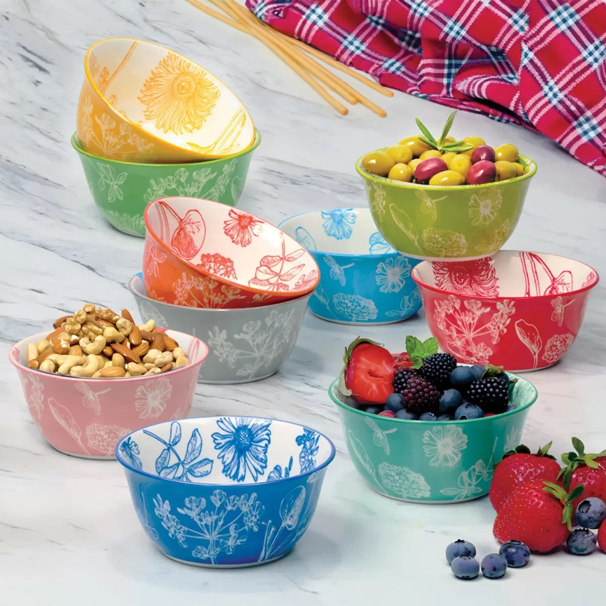 Botanical Stoneware Bowls, 10 Piece Set