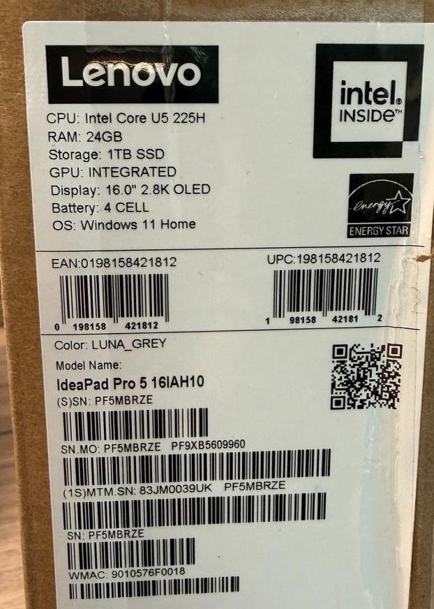 Lenovo IdeaPad Pro 5 Core Ultra 5 24GB RAM 1TB SSD 16 In OLED Laptop 83JM0039UK