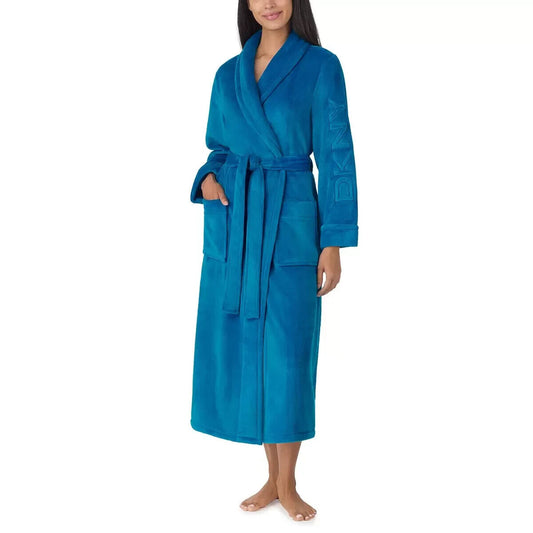 DKNY Shawl Collar Long Plush Blue Robe Size L