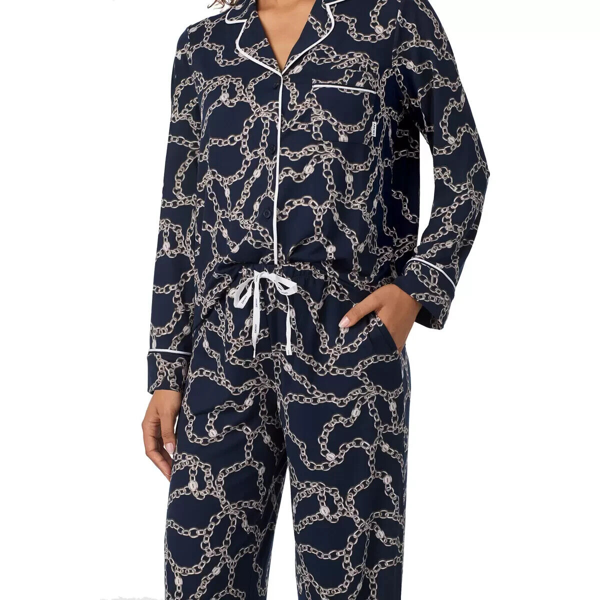 DKNY Notch Collar Pyjama Set in Navy Chain size Small