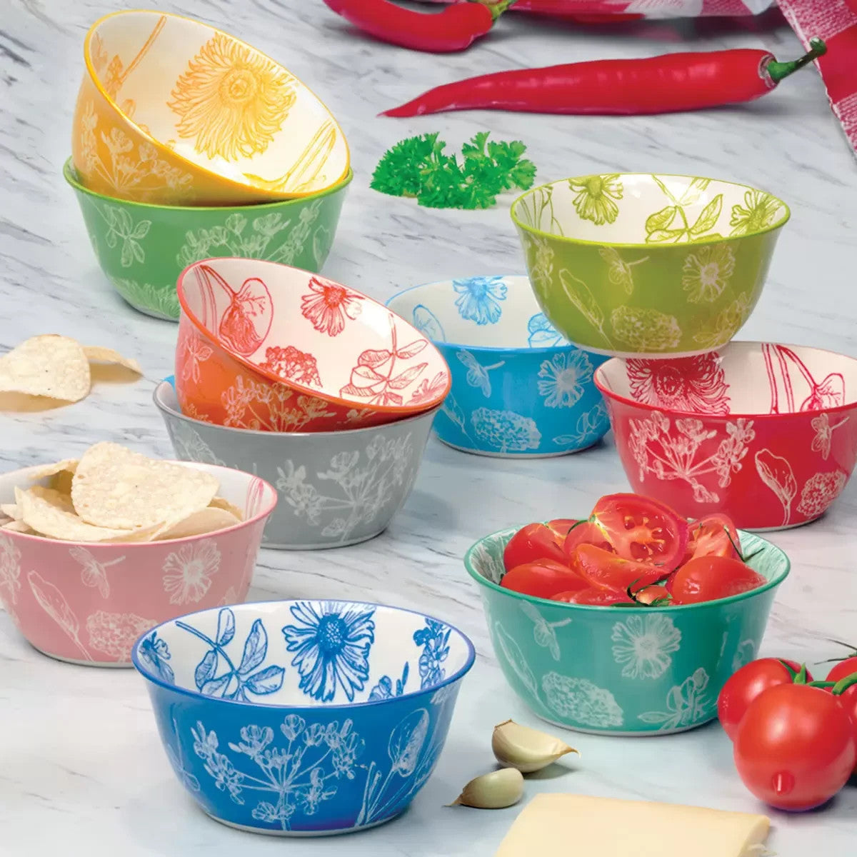 Botanical Stoneware Bowls, 10 Piece Set