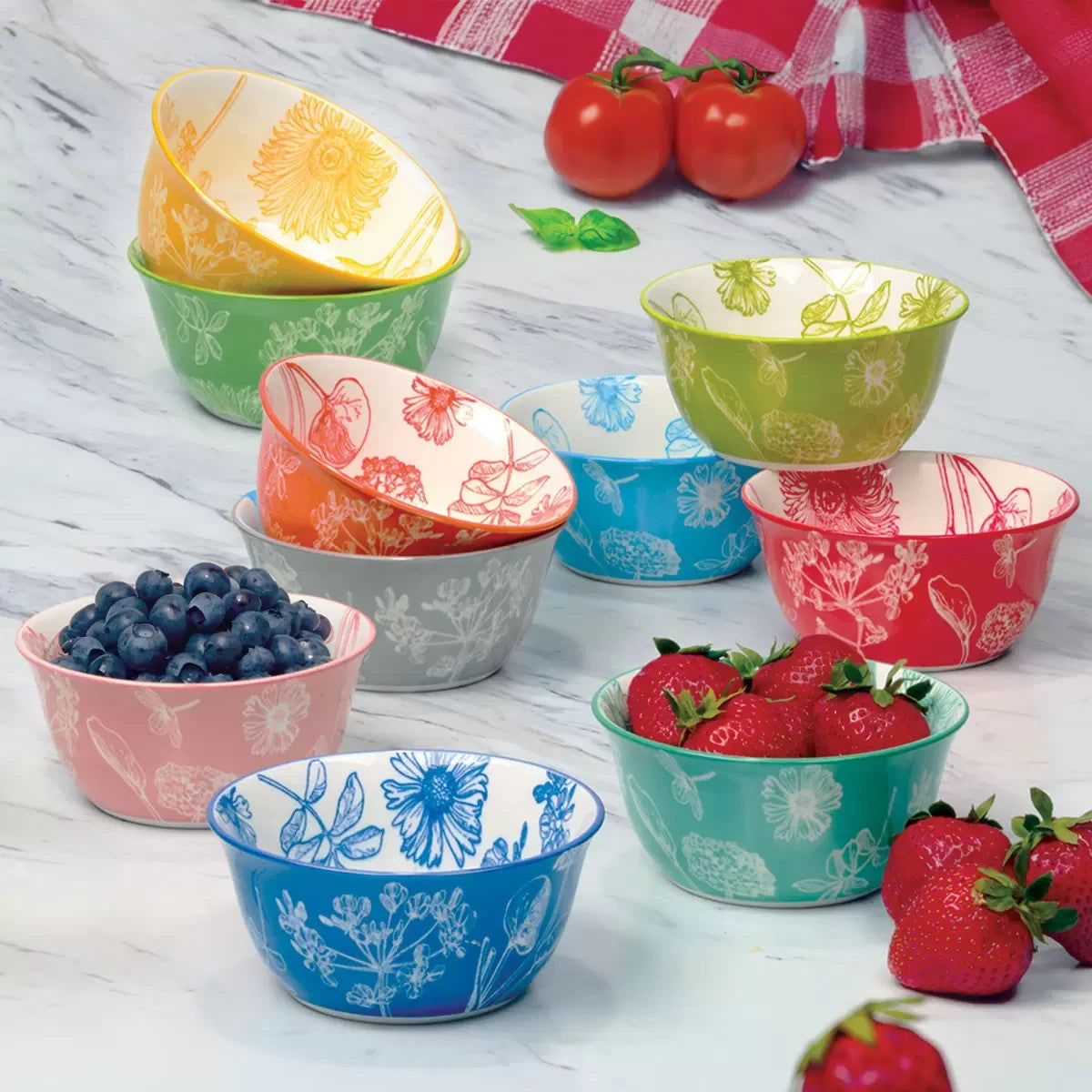 Botanical Stoneware Bowls, 10 Piece Set