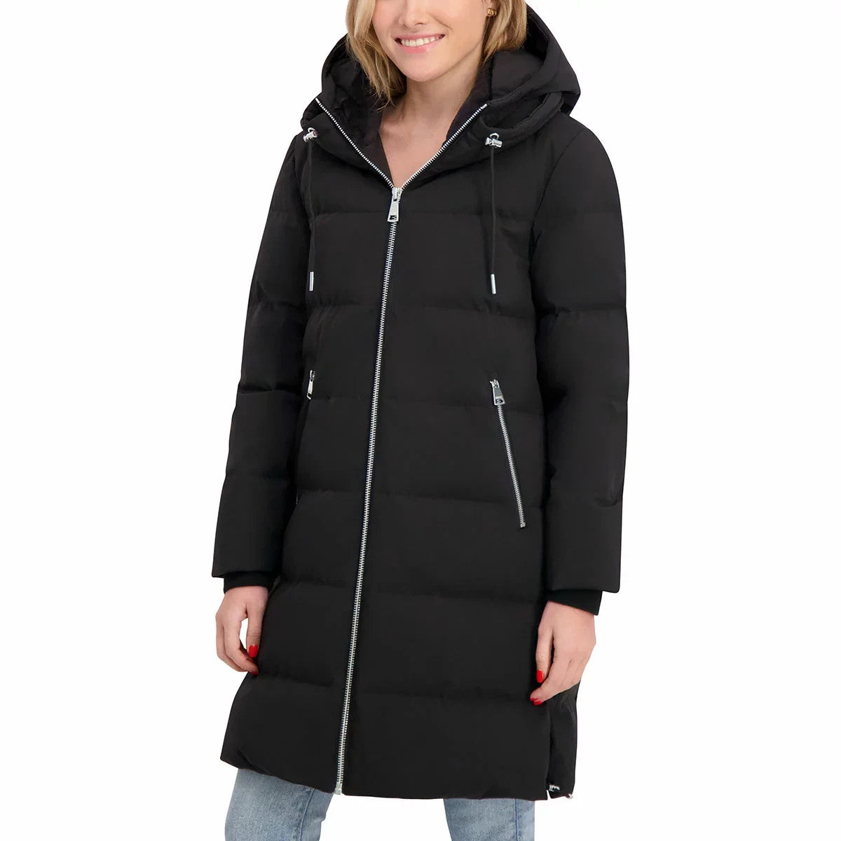 DKNY Ladies Long Down Coat with Hood in Black  Small