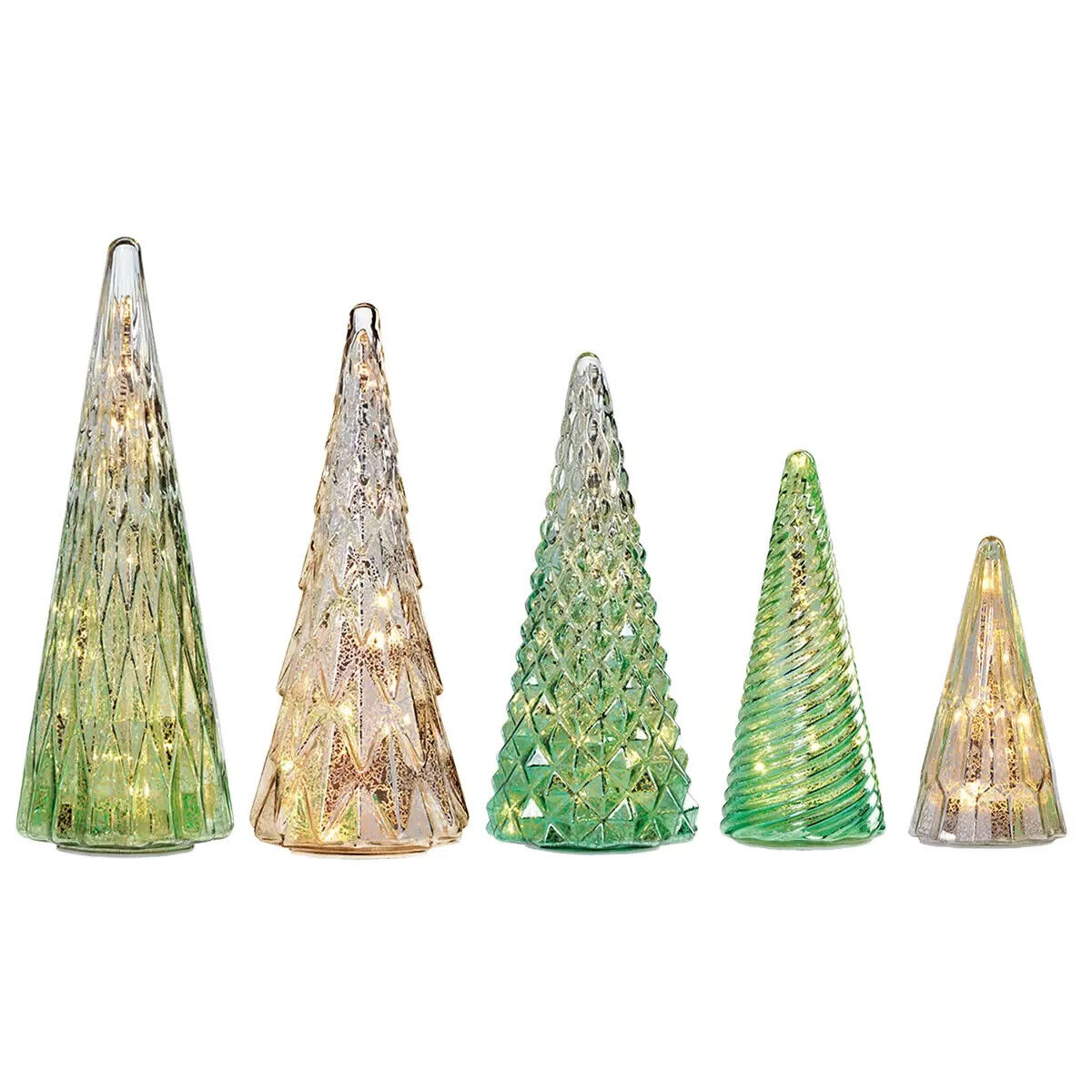 COSTCO Christmas Set of 5 Glass Trees with LED Lights in Green