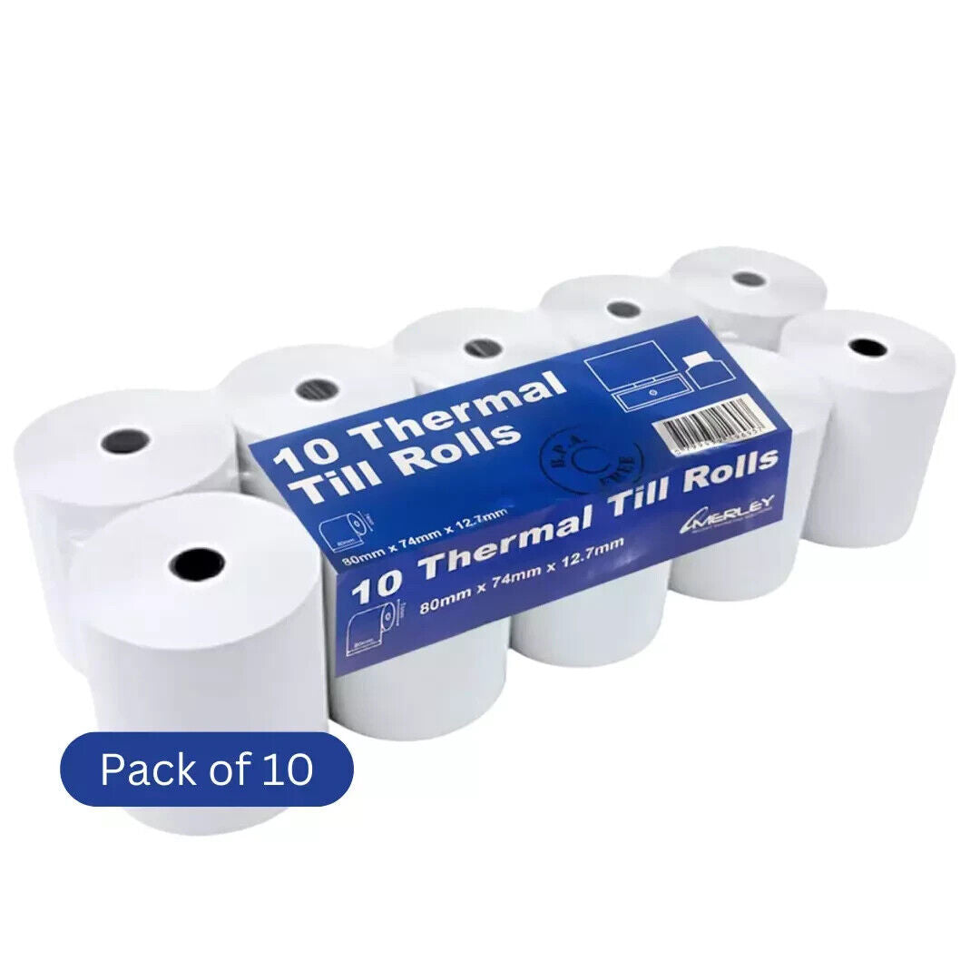 Merley Machine Till Thermal Paper Receipt Label Rolls 80x74x12.7mm - Pack of 10