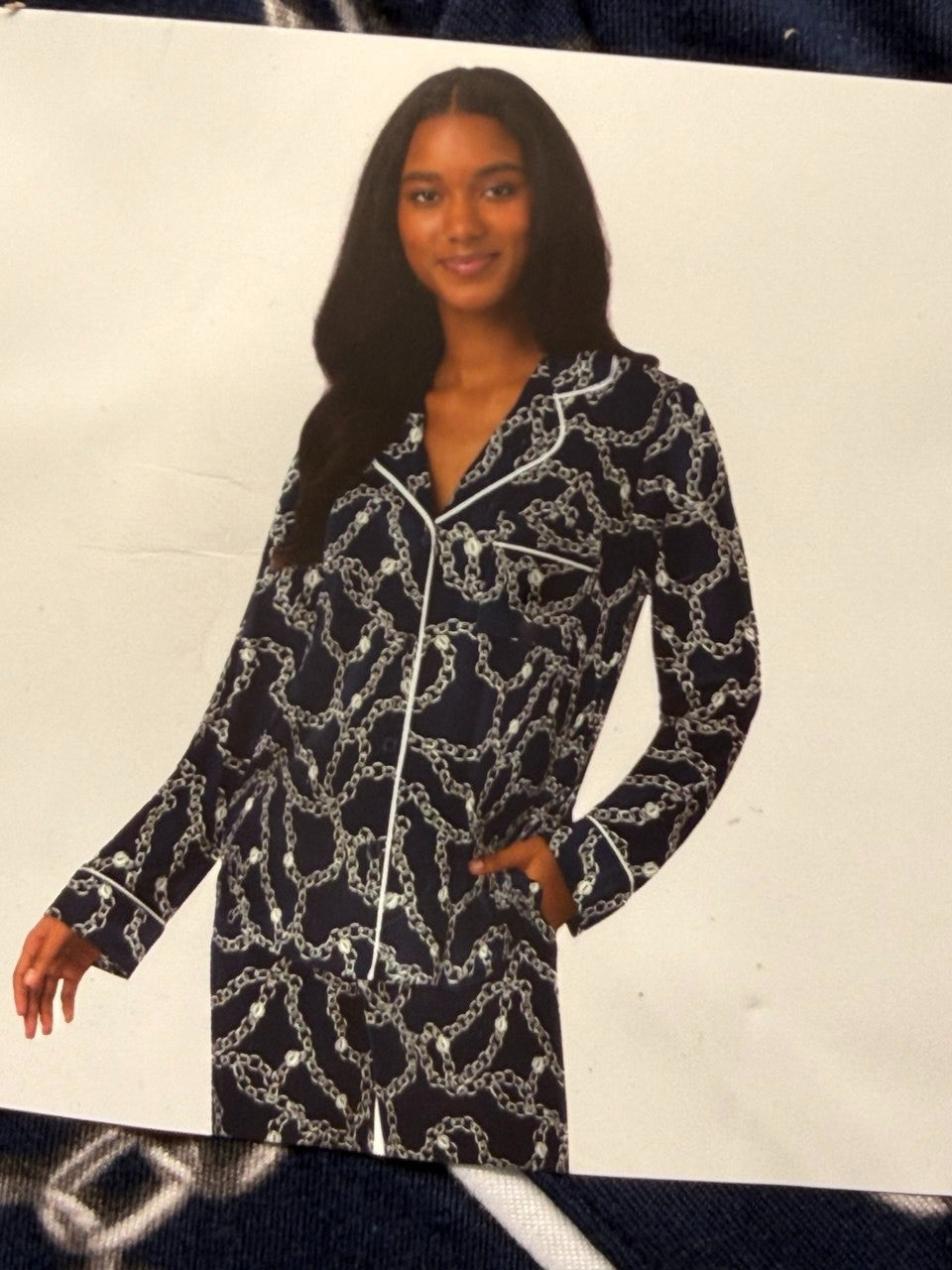 DKNY Women's Notch Collar Pyjama Set in Navy , Chain link design, Large