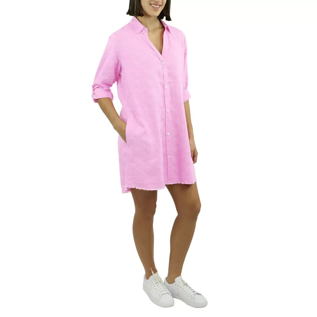 Jachs Ladies Roll Sleeve Linen Blend Dress in Pink - Medium