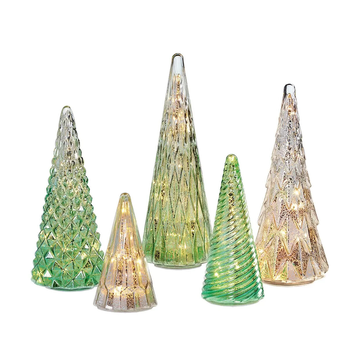 COSTCO Christmas Set of 5 Glass Trees with LED Lights in Green