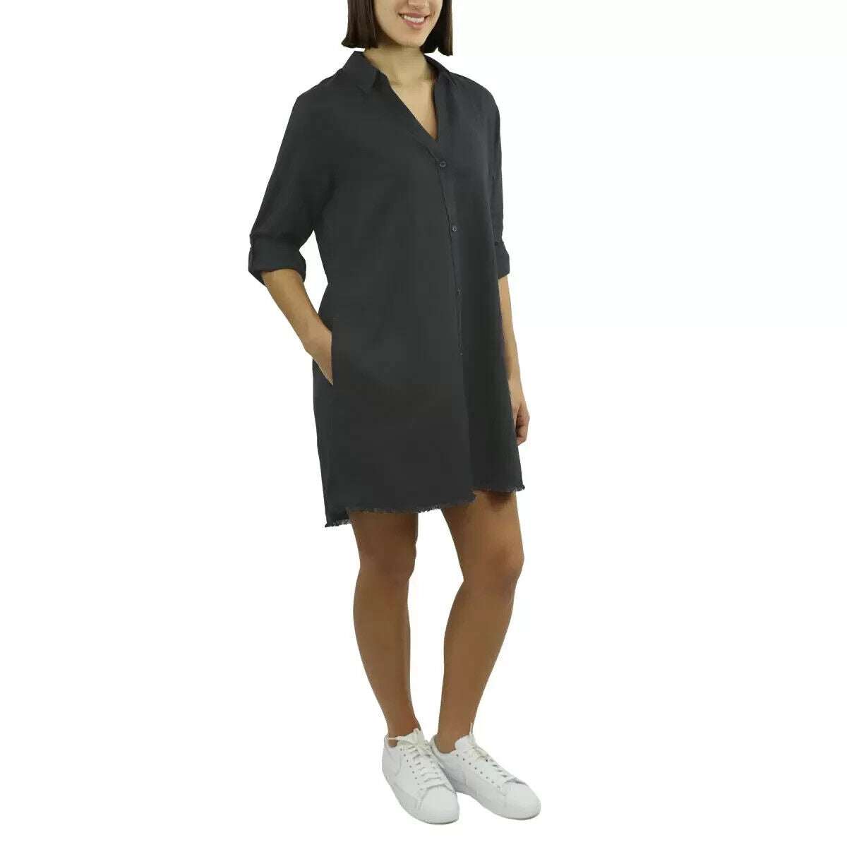 Jachs Ladies Roll Sleeve Linen Blend Dress in Black - Large