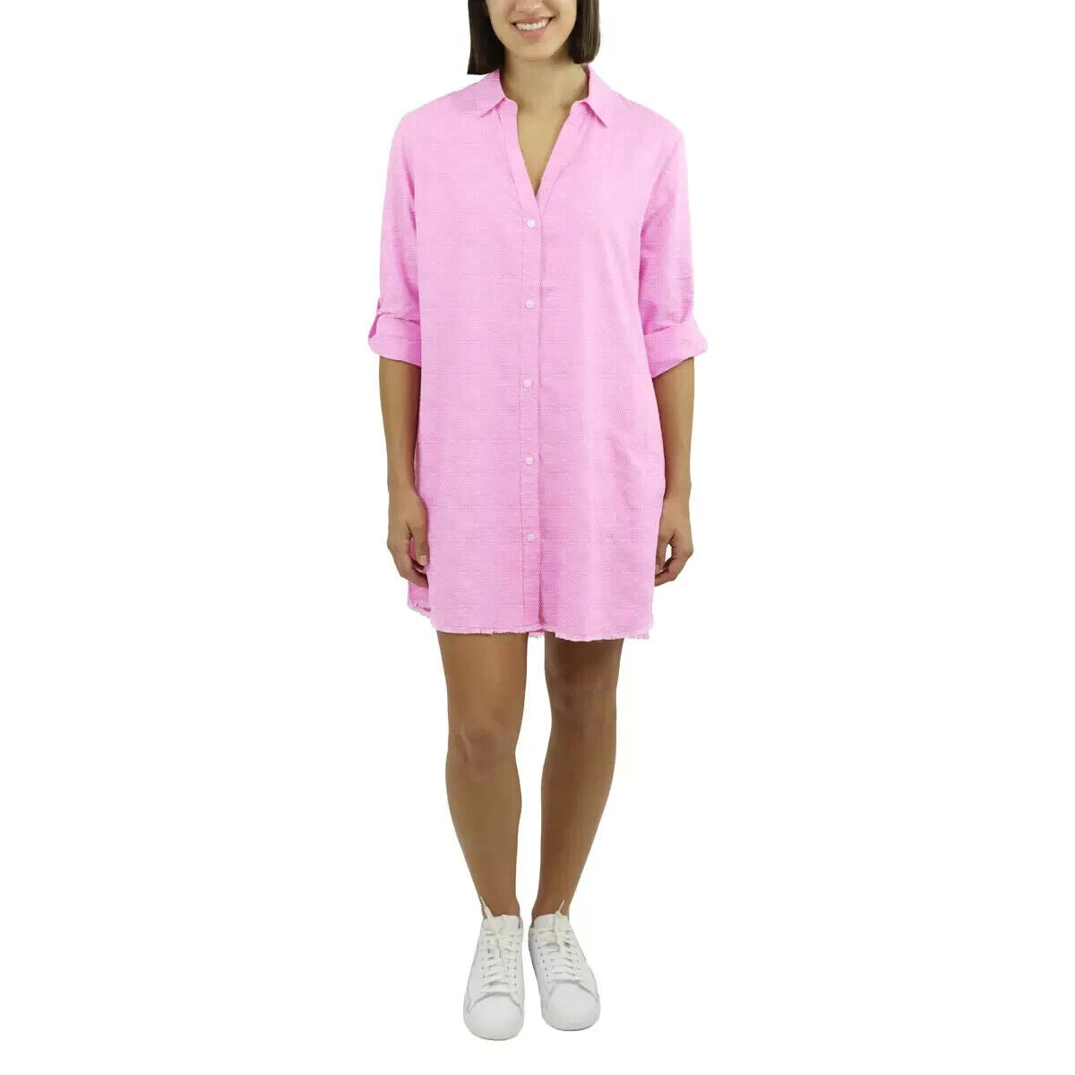 Jachs Ladies Roll Sleeve Linen Blend Dress in Pink - Medium