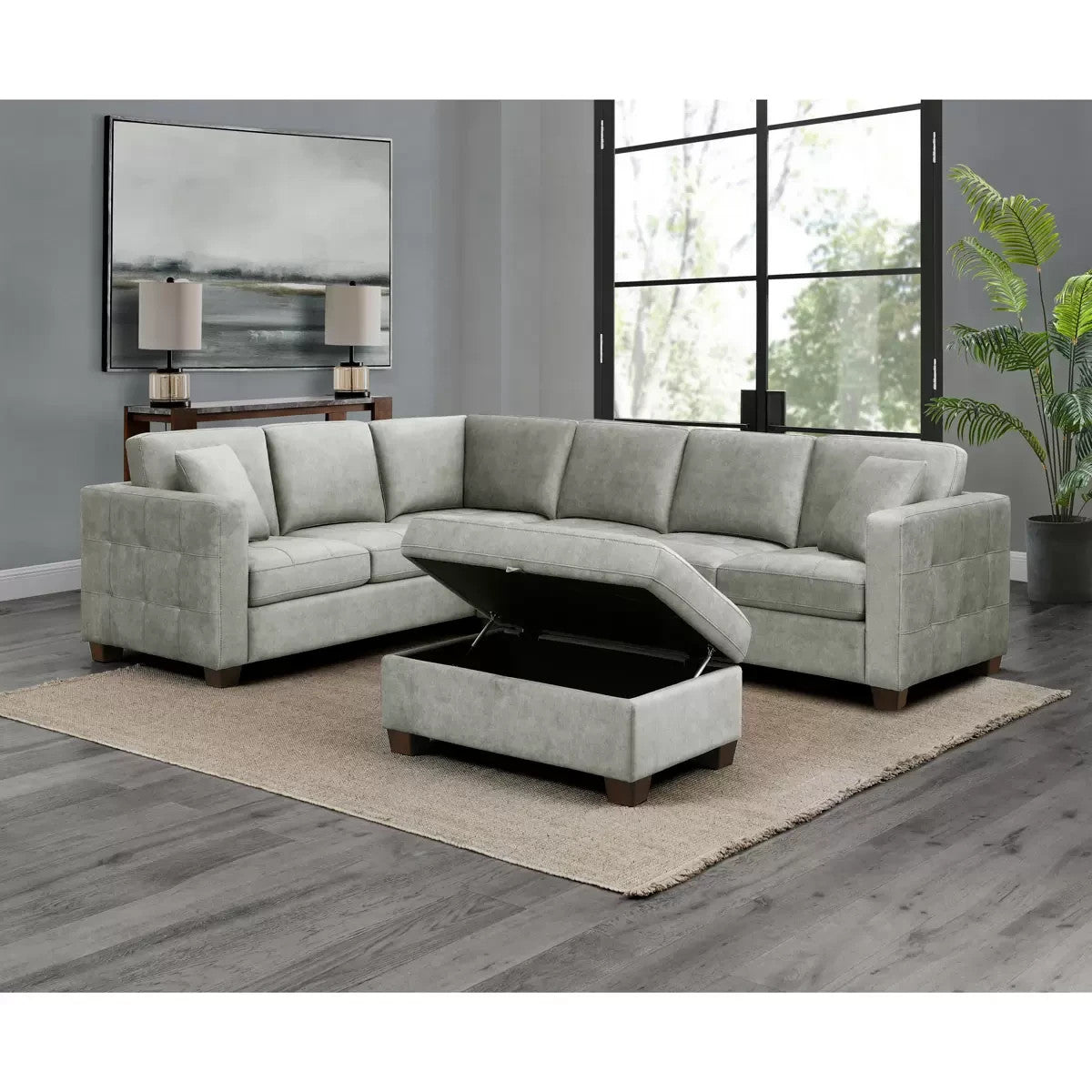 Thomasville Kylie Grey Fabric Sectional Sofa with Storage Ottoman Brand New