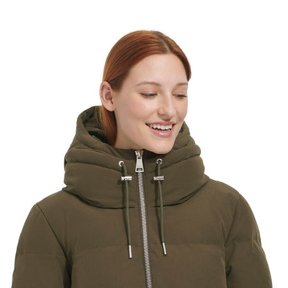 DKNY Ladies Long Down Coat with Hood in Green