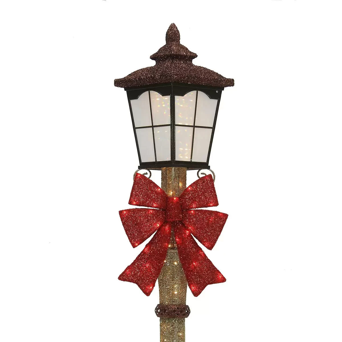 Christmas 7ft (2.1m) Gold Glitter Lamp Post & Bow  Indoor Outdoor 150 LED Lights
