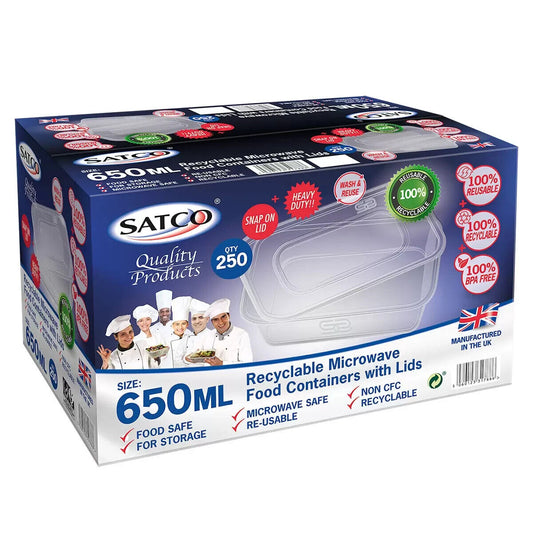 SATCO Plastic Takeaway 250 Containers 650ml Food Storage Microwavable + Lid VAT