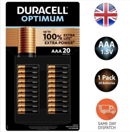 2 x Duracell Optimum AAA Batteries 100% Extra Life Extra Power Battery