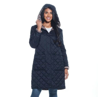 Weatherproof Ladies Reversible Quilted Long Jacket in Black / Loden  size S