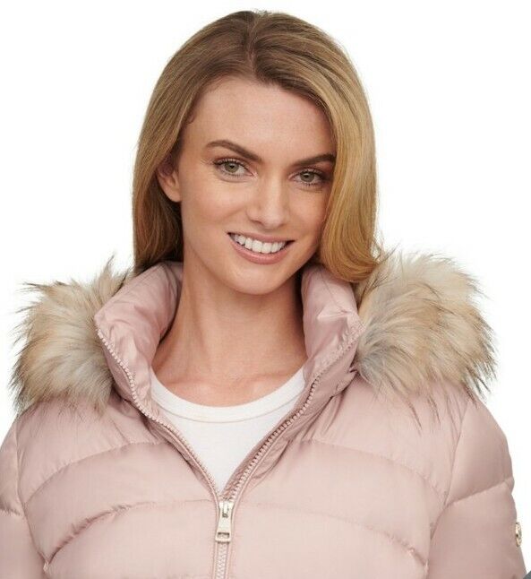 Andrew Marc Women's Down Jacket with Faux Fur Trim Hood in Dusk Rose, LARGE