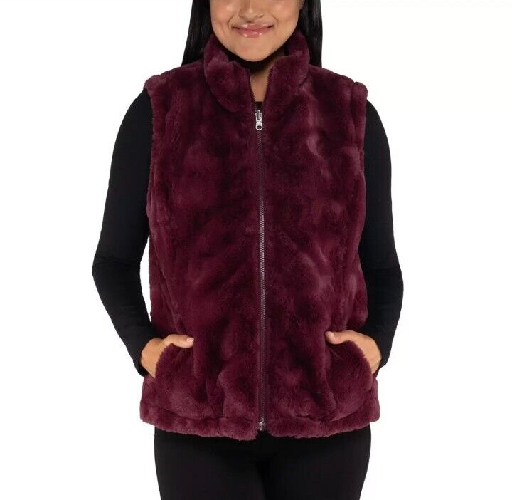 Nicole Miller Women's Faux Fur Reversible Vest in Wine, Extra Large