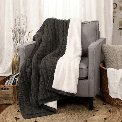 LIFE COMFORT Cable Knit Reversible Throw - 127 cm x 152 cm, Dark Grey / White