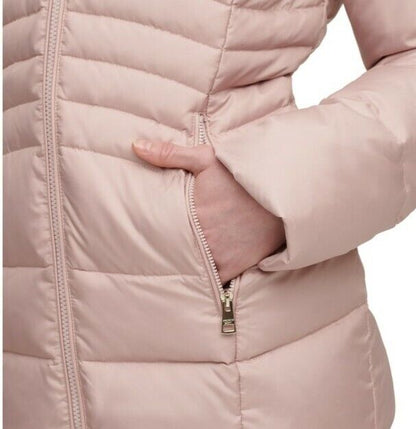 Andrew Marc Women's Down Jacket with Faux Fur Trim Hood in Dusk Rose, LARGE